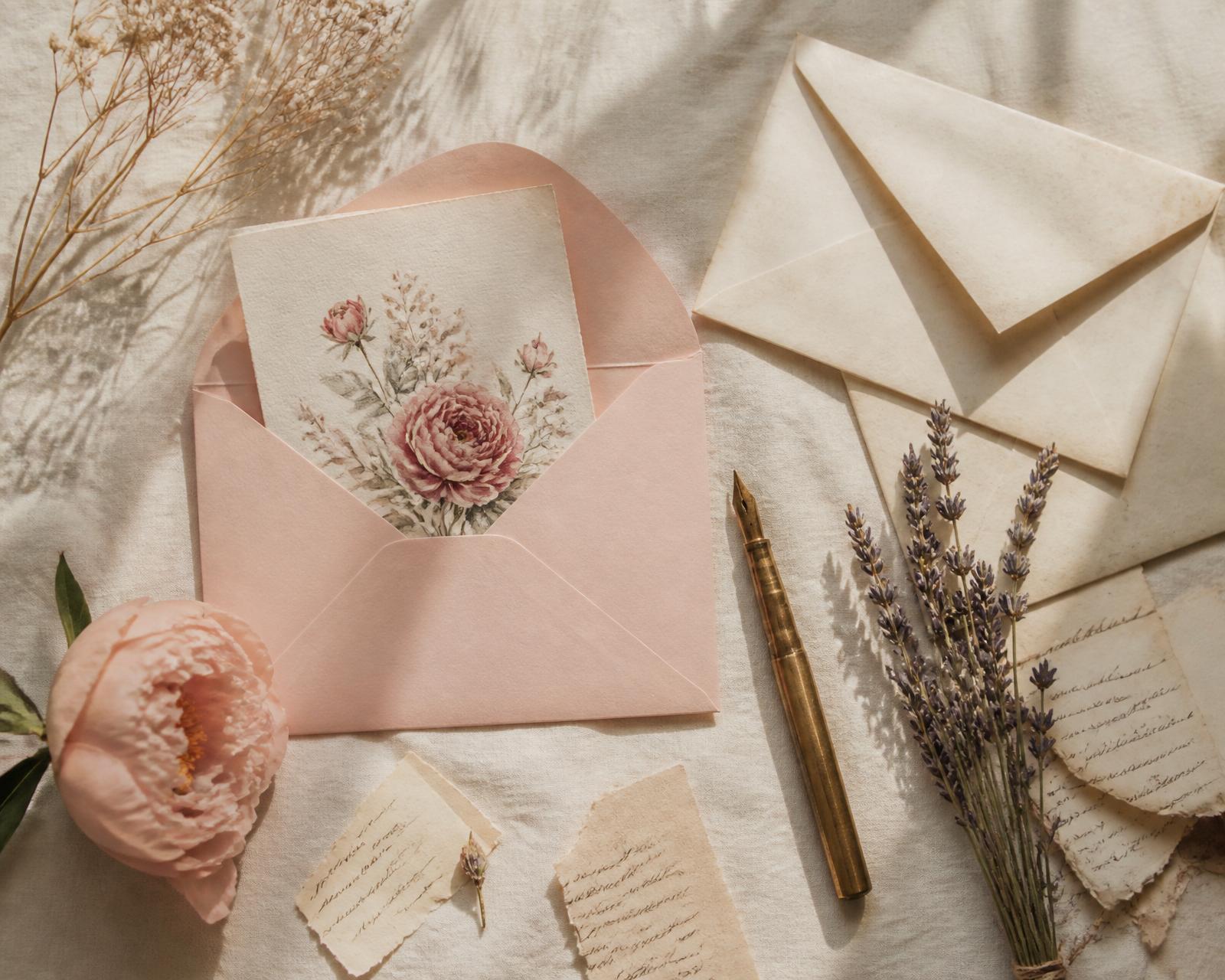 An open blush envelope with a watercolor floral card, a brass fountain pen, and dried lavender on warm cream linen