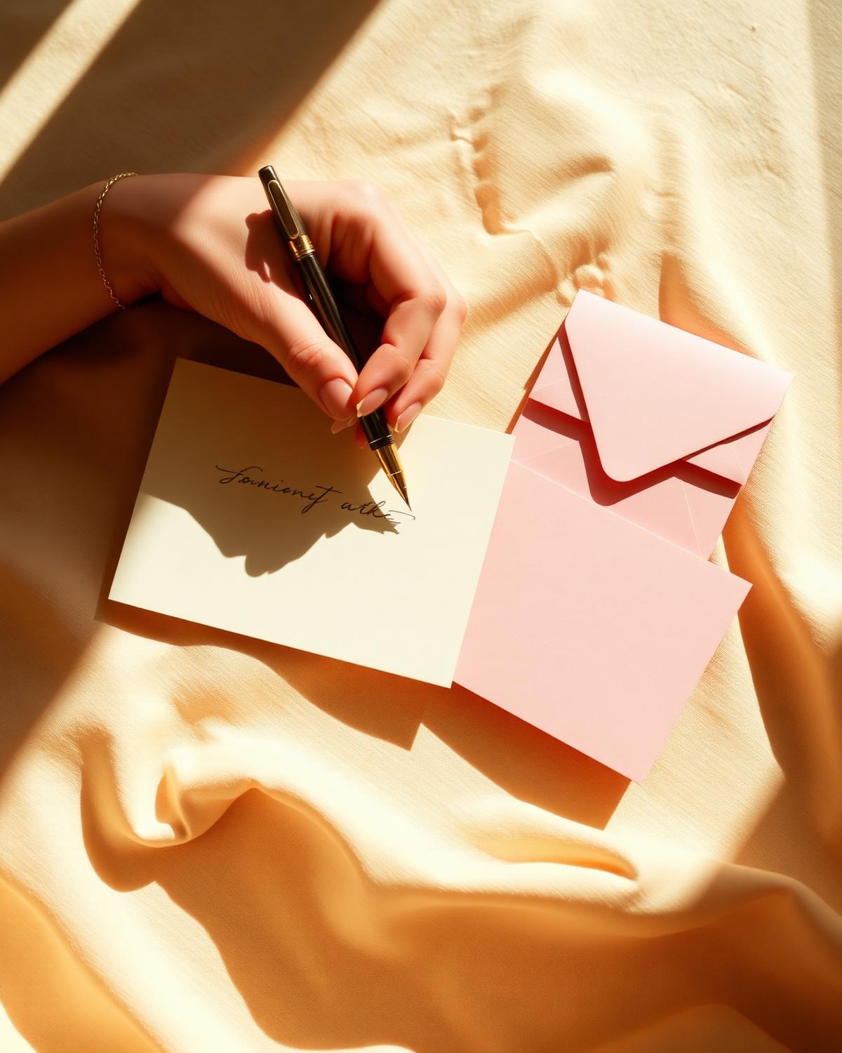 A woman's hand writing a personal note inside a cream greeting card next to a stack of pink envelopes