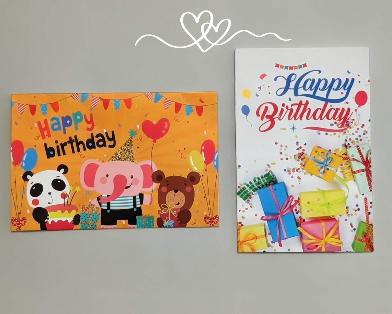 Two birthday cards side by side — a playful kid card with cartoon animals on the left, an elegant adult card with gifts and script lettering on the right