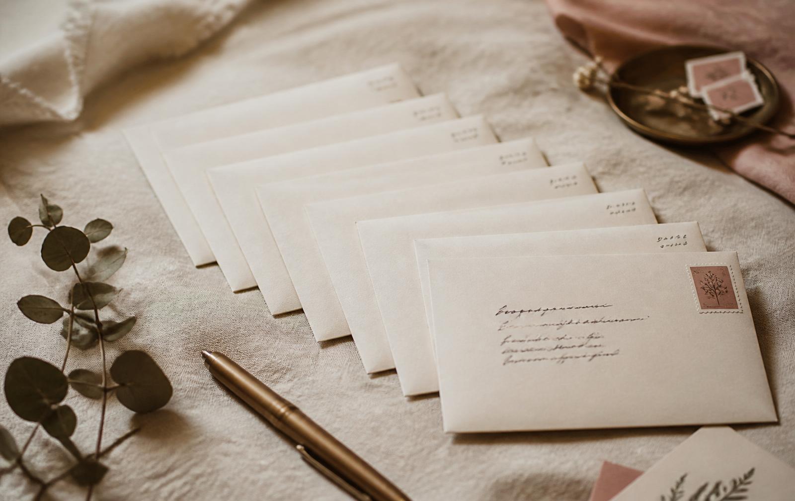 A row of addressed envelopes stacked in mailing order on a linen table