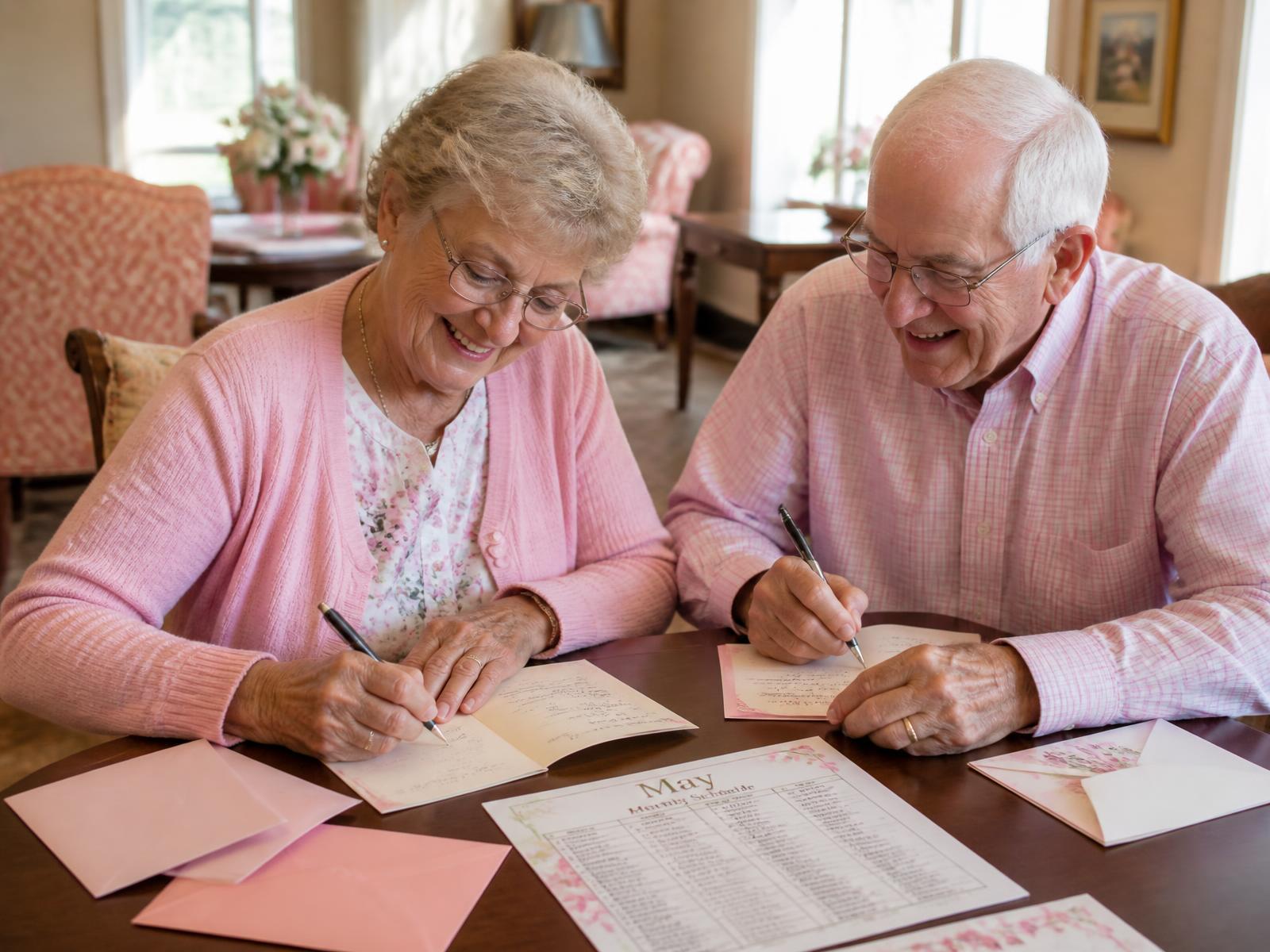 An older couple signing greeting cards together beside a printed monthly card schedule